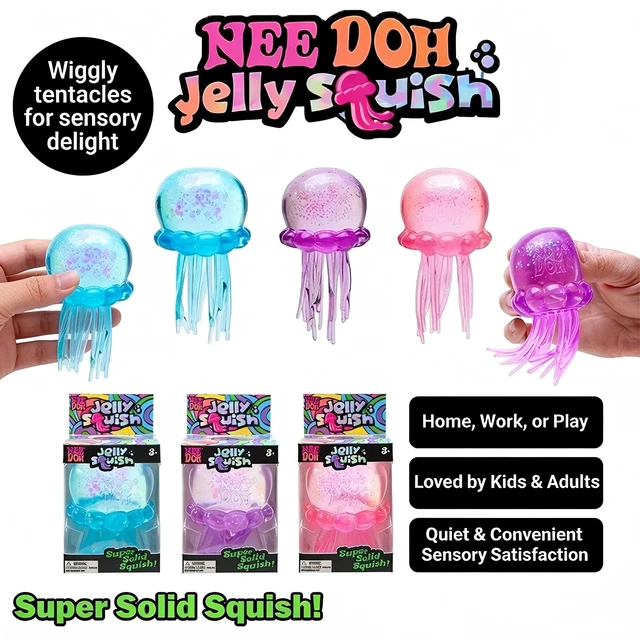 Nee Doh Jellyfish & Cube Squish Toy, Squeeze Stress Relief Toy, Sensory NeeDoh for Kids & Adults