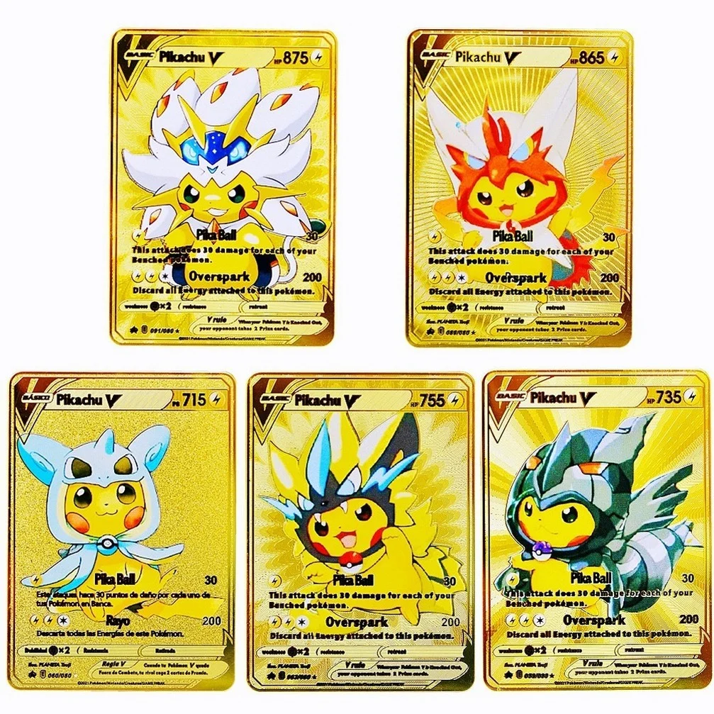 5PCS Pokemon Iron Cards Golden Metal Pokemon Shiny Letters Pikachu