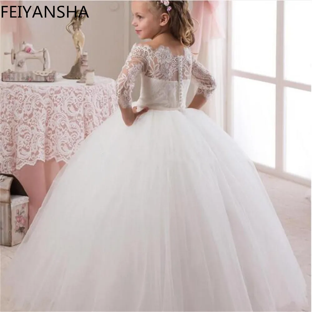 

First Communion Dresses Puffy Tulle Lace Bow Girl 2-14 Custom Made Ball Gown Flower Girl Dress Princess Wedding Party