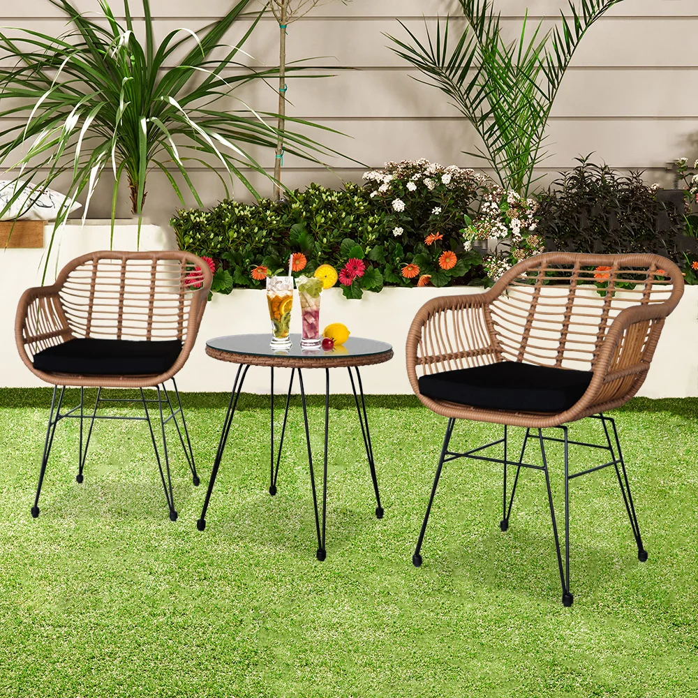 3 pcs Wicker Rattan Patio Conversation Set with Tempered Glass Table  Flaxen Yellow 6