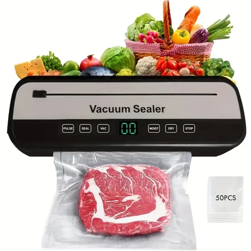 Vacuum Sealer with Easy-to-Use Digital Display-Perfect for Food Storage & Preservation, Kitchen Essential, 50 Bags Included.