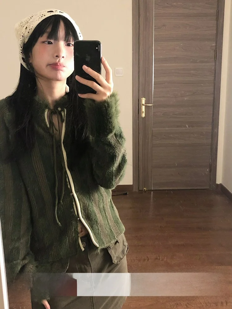 레트로 홍콩 스타일 여성 긴 소매 스웨터 벨트 캐주얼 오픈 카디건 봄 느슨한 슬리밍 겉옷 디자인 감각