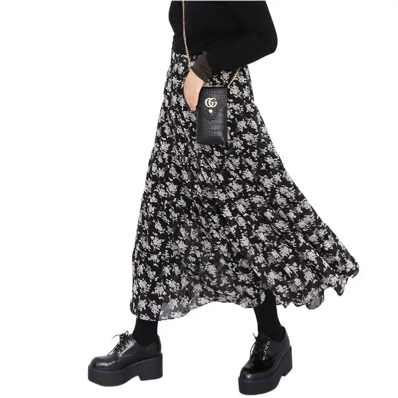 

2024 Spring Korean Floral Print Pleated ruffled skirt,Bohemia Summer beach skirts vintage maxi chiffon skirts