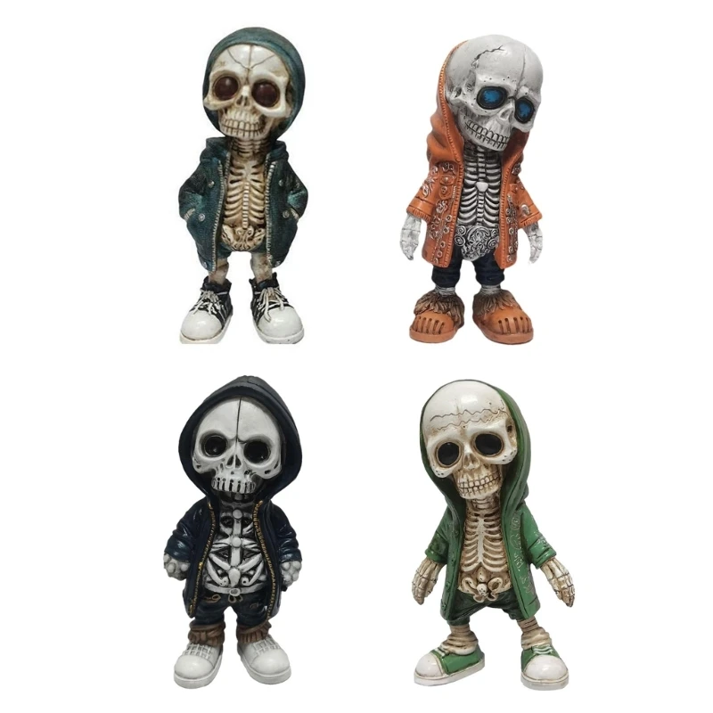 

W3JA Cool Skeleton Figurines Desktop Ornaments Resin Skull Statue Halloween Decoration for Car Instrument Panel Haunted House