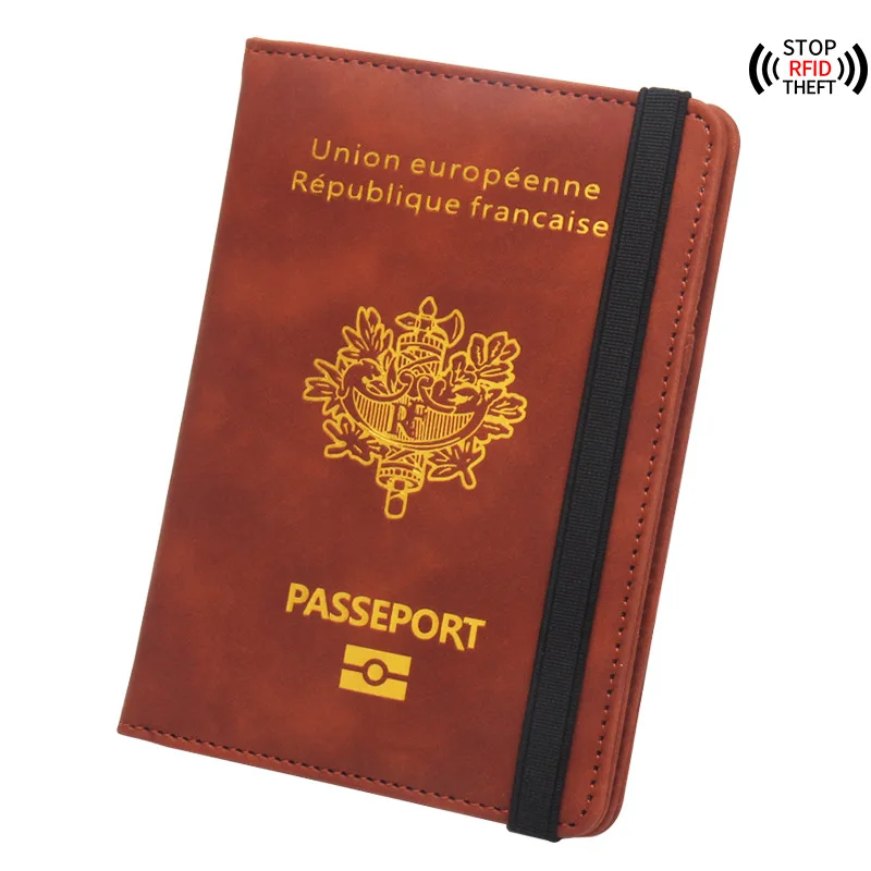 

France Leather RFID Blocking Passport Cover Travel Cards Holder for French Men Women Passports Document Case