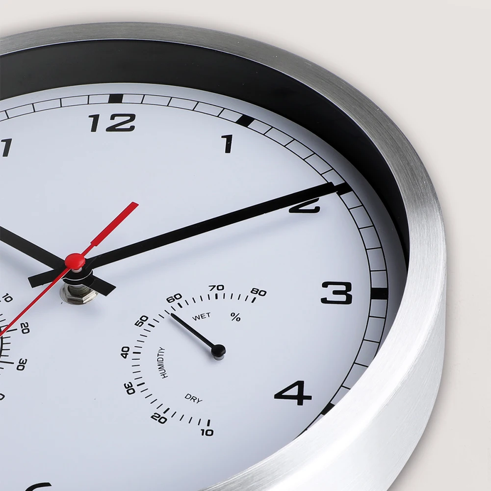 Battery Operated Wall Clock with Silent Movement and Temperature Humidity Display 10 Inch Aluminum Frame Design