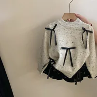 Korean Childrens Clothing Set 2025 Bow Knit Sweater Cake Skirt New Fashion Set Childrens Clothing Trend Toddler Girl Clothes