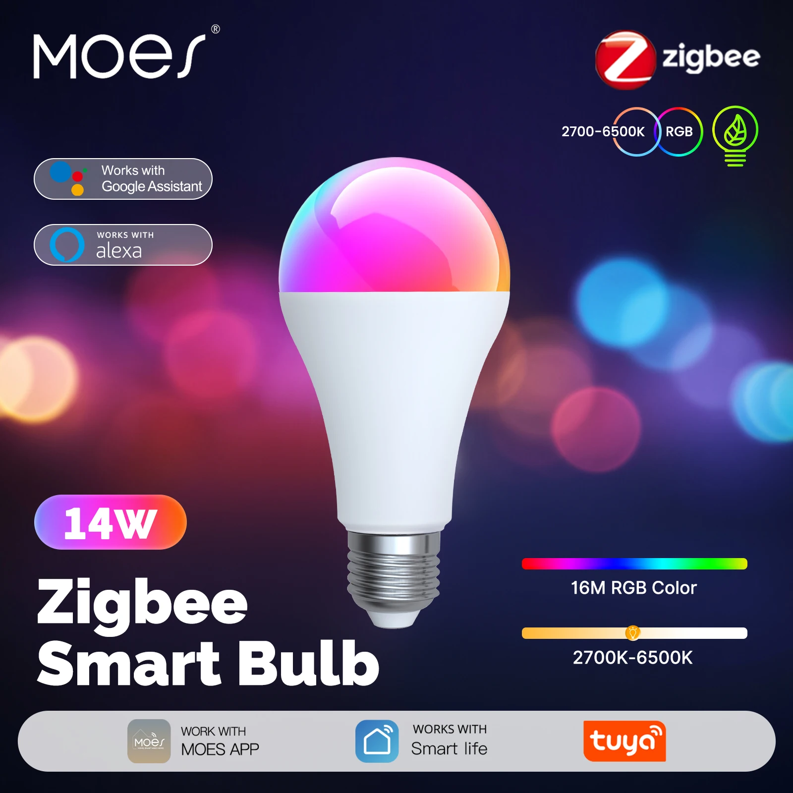 MOES 투야 지그비 스마트 LED 전구 디밍 가능 RGB C+W 색상 14W E27 2700K-6500K 스마트 라이프 앱 리모컨 (알렉사, 구글 홈 지원)