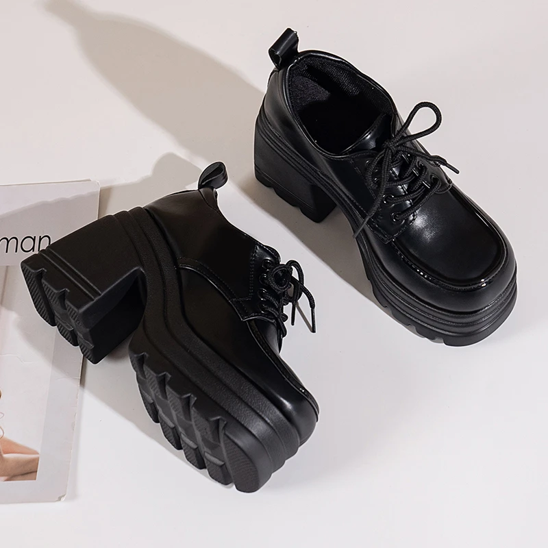 Women Heels Platform Square Lace Up Party Role Play Uniform Dress Shoe Fashion High Trifle Base Leather Loafers Lolita Mary Jane 5