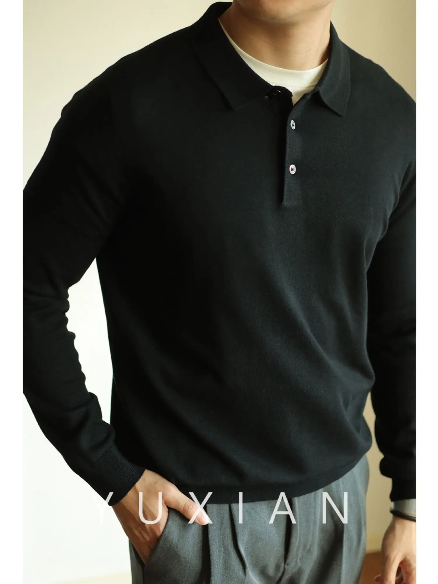 

YUXIAN Wool Long Sleeved Solid Color Casual POLO Shirt