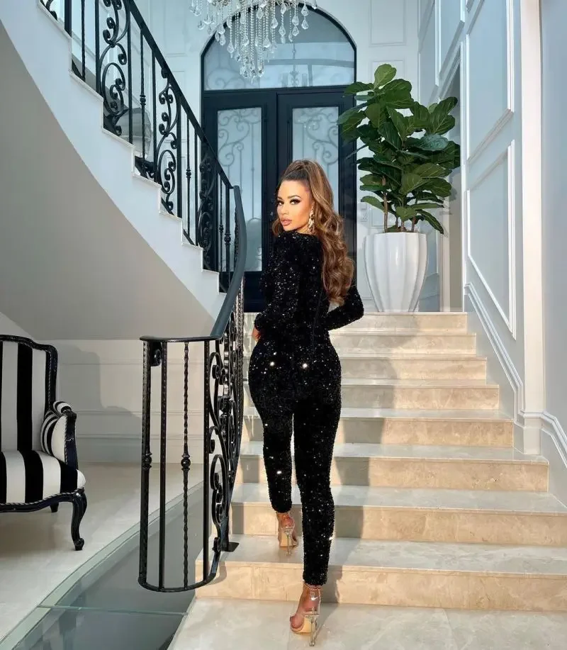2024 new Sexy Black Deep V-neck Draped Elastic Sequins bodycon Long Sleeve Party Jumpsuit