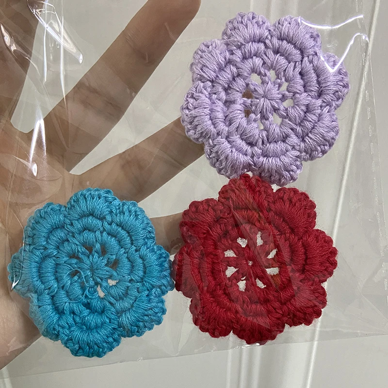 2Pcs Hand Knitting Crochet Flower Three Layer Multi Color Sewing Hat Clothing Cotton Fabric Mats DIY Craft Apparel Accessories