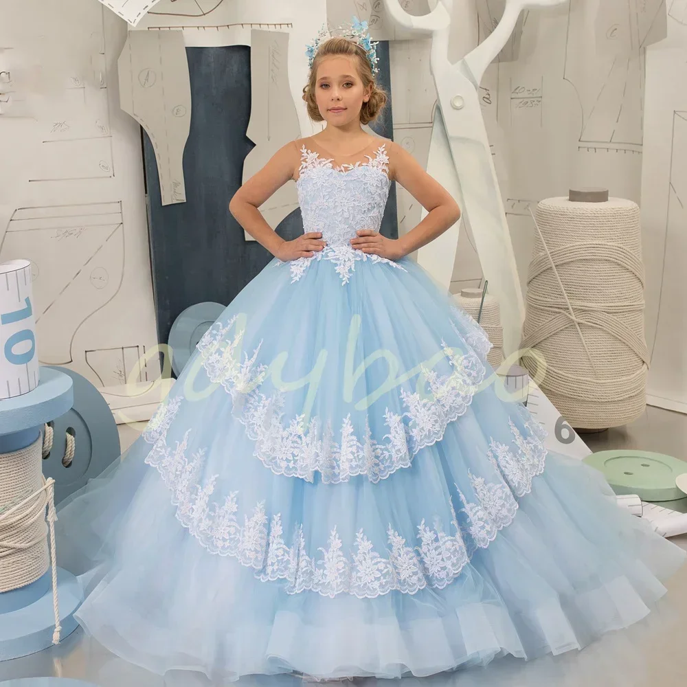 

Blue Flower Girl Dresses For Wedding Puffy Lace Tiered Tulle Pageant Dress White Appliques First Communion Party Ball Gowns