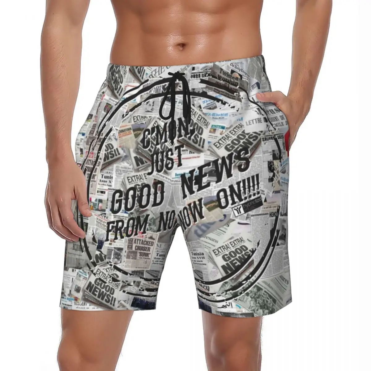 

Vintage Newspaper Gym Shorts Summer Headlines Collage Surfing Beach Short Pants Males Quick Drying Casual Plus Size Swim Trunks