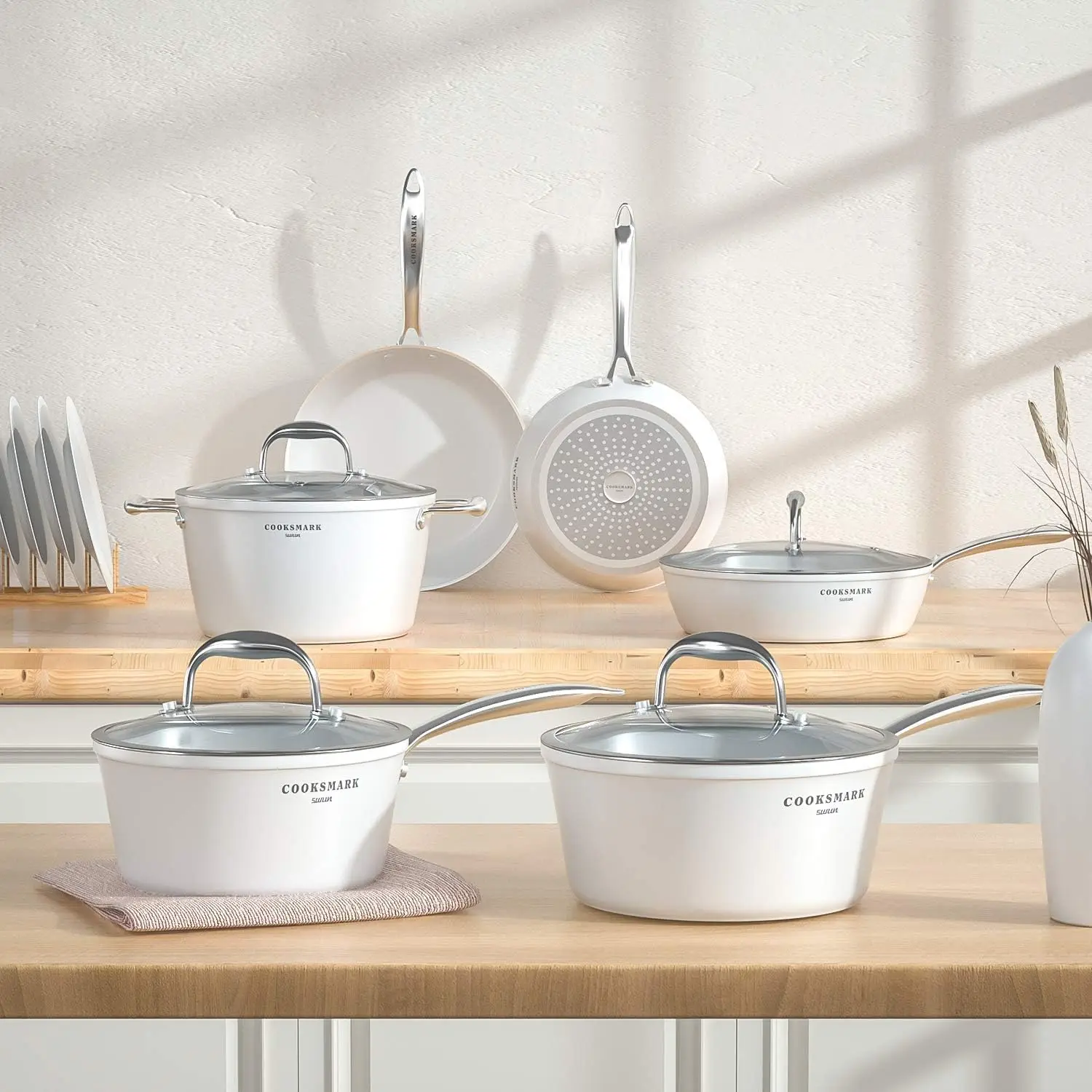 Nonstick Ceramic Cookware Set, 10 Pieces White Pots and Pans Set with Glass Lids & Stainless Steel Handles, Induction 6