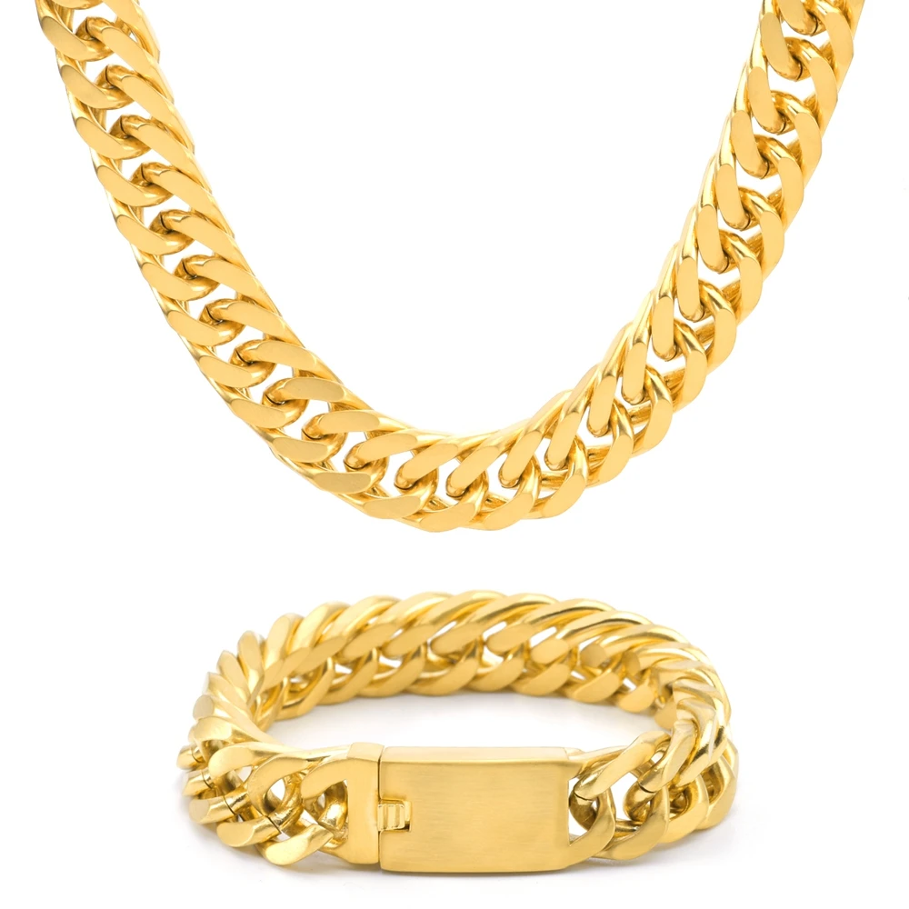 SDA Stainless Steel Cuban Link Chains Classic Men Boy Curb Chunky Silver Gold Color  Necklace Bracelet 7 to 30 Inches