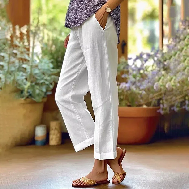 Summer Women's Casual Straight Pants Fashion Solid Color Pocket Elastic Waist Casual Pants Office Business Professional Pants
