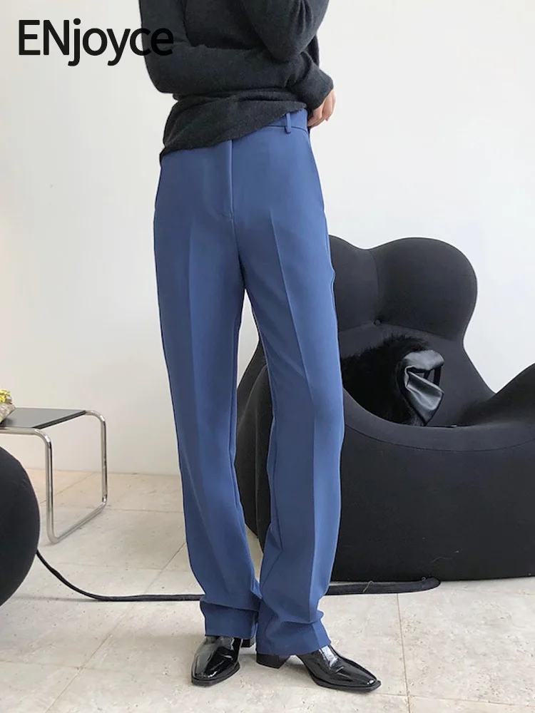 

Enjoyce Women Vintage Blue Straight Suit Pants, Slim Fit, Thick Trousers, Business, Office, Ladies, High Quality, Autumn, Winter