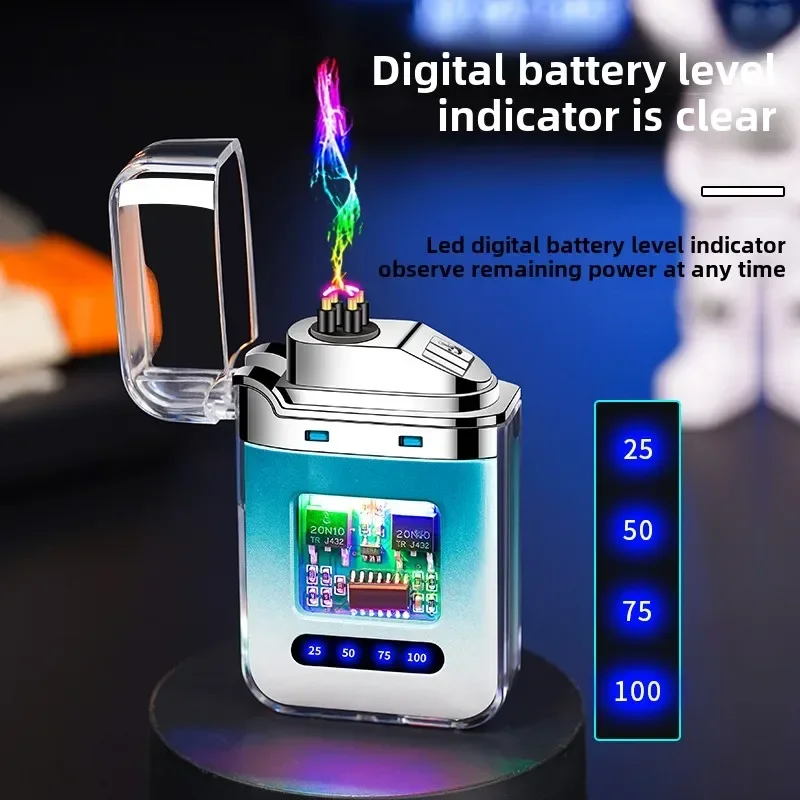 USB Rechargeable Lighter Electric Double Arc Plasma Outdoor Windproof Battery Display Type-C Smoking Accessories Men's Gifts