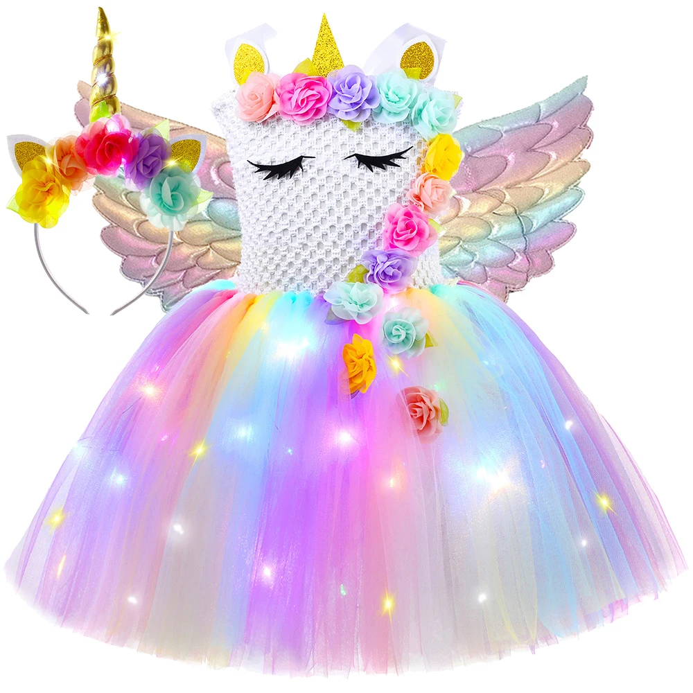 Girls Dress princess costume kids clothes Led Light Unicorn Costumes for Girls Birthday Christmas Outfit