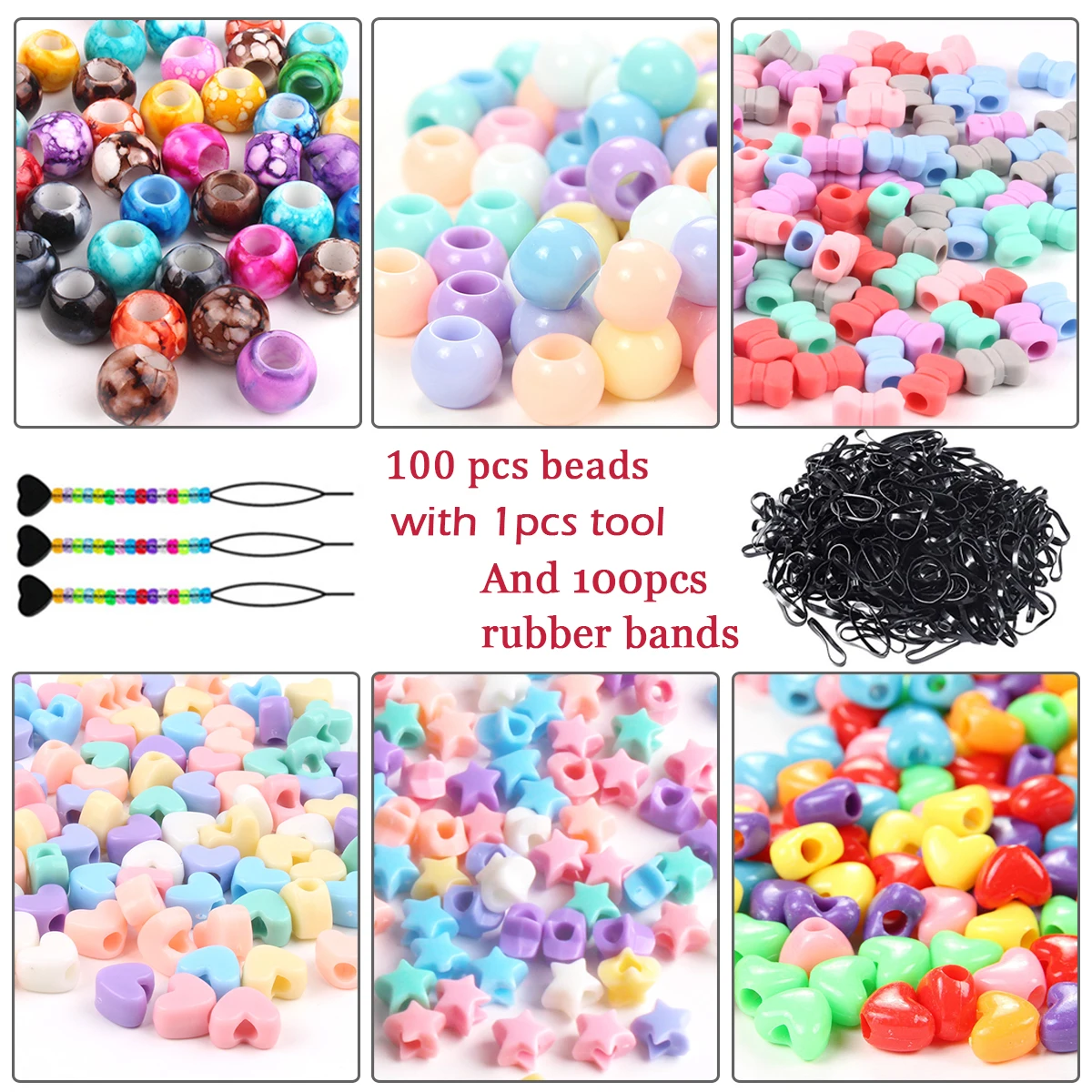 100 PCS Multicolor Acrylic Kids Hair Beads and 100 Rubber Bands Sets Dreadlock Jewelry Necklaces Bracelet Making Pony Beads 240pcs 12mm resin hair beads 6mm big hole dreadlock beads for jumbo braid dreadlock hair accessories