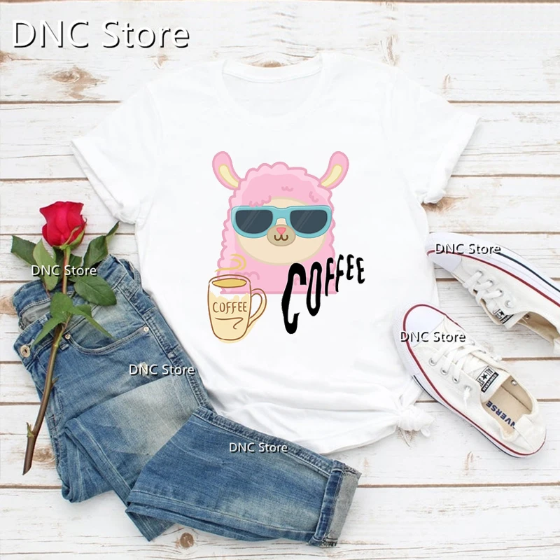 

Cute pink Sheep Animal Print T-Shirts Women Funny Llamas And Coffee Humour Graphics Femme T Shirts Fashion Kawaii Women'S Tops
