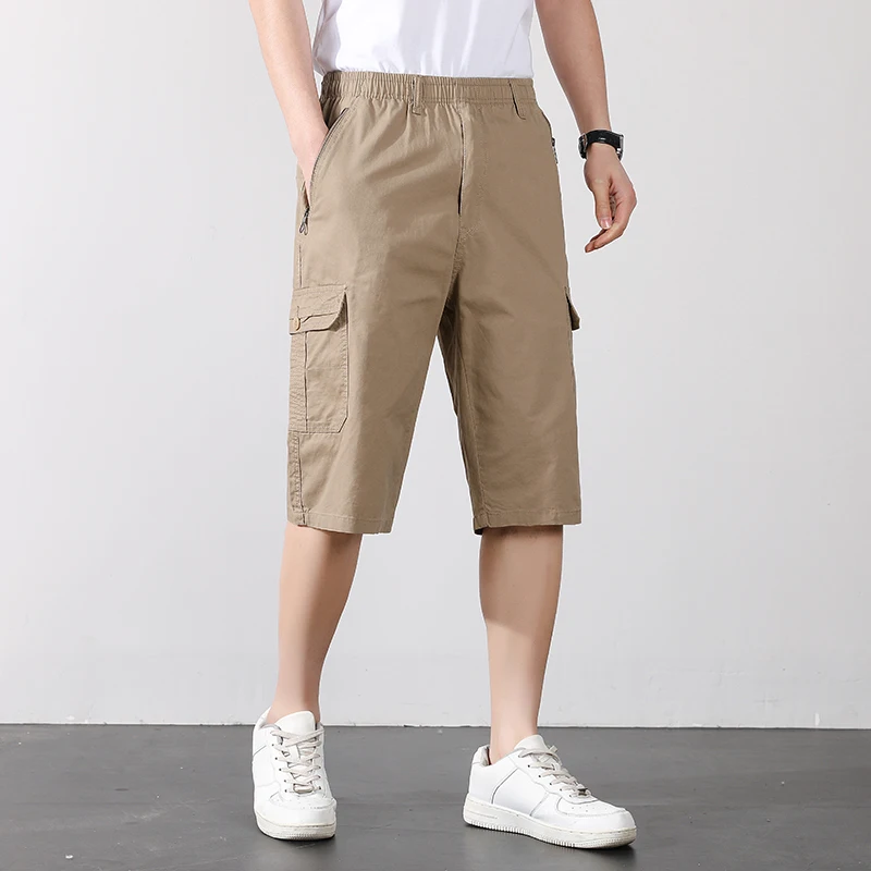 Men's Summer Pockets Solid Color Button Zipper High Waist Casual Knee Pants Straight Cargo Trousers Clothing Preppy Style Shorts