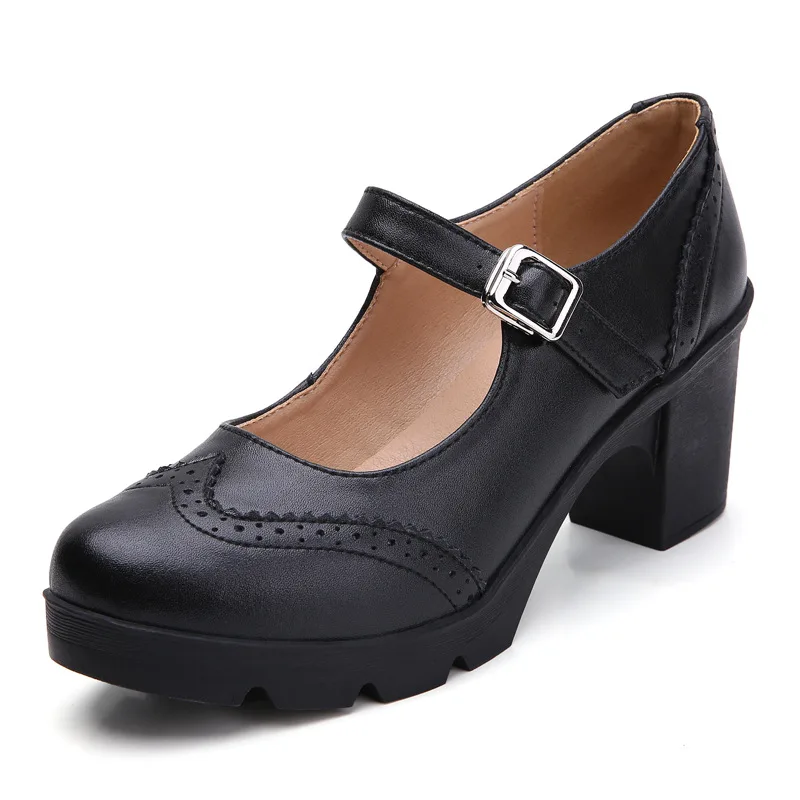 

Big Size 43 Women Pumps Shoes Elegant Genuine Leather Platform High Heels Sround Toe Office Party Wedding Footwear Retro Black