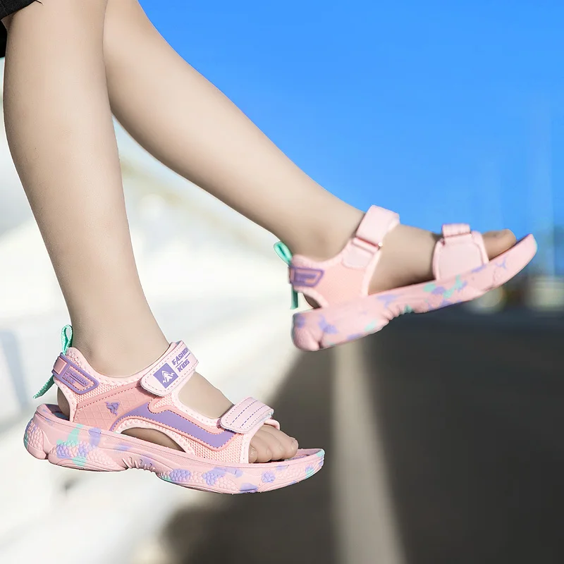 Girls' Sandals 2024 New Summer Boys Soft Soled Students Medium and Large Children Casual Double Row Velcro Beach Shoes - 5