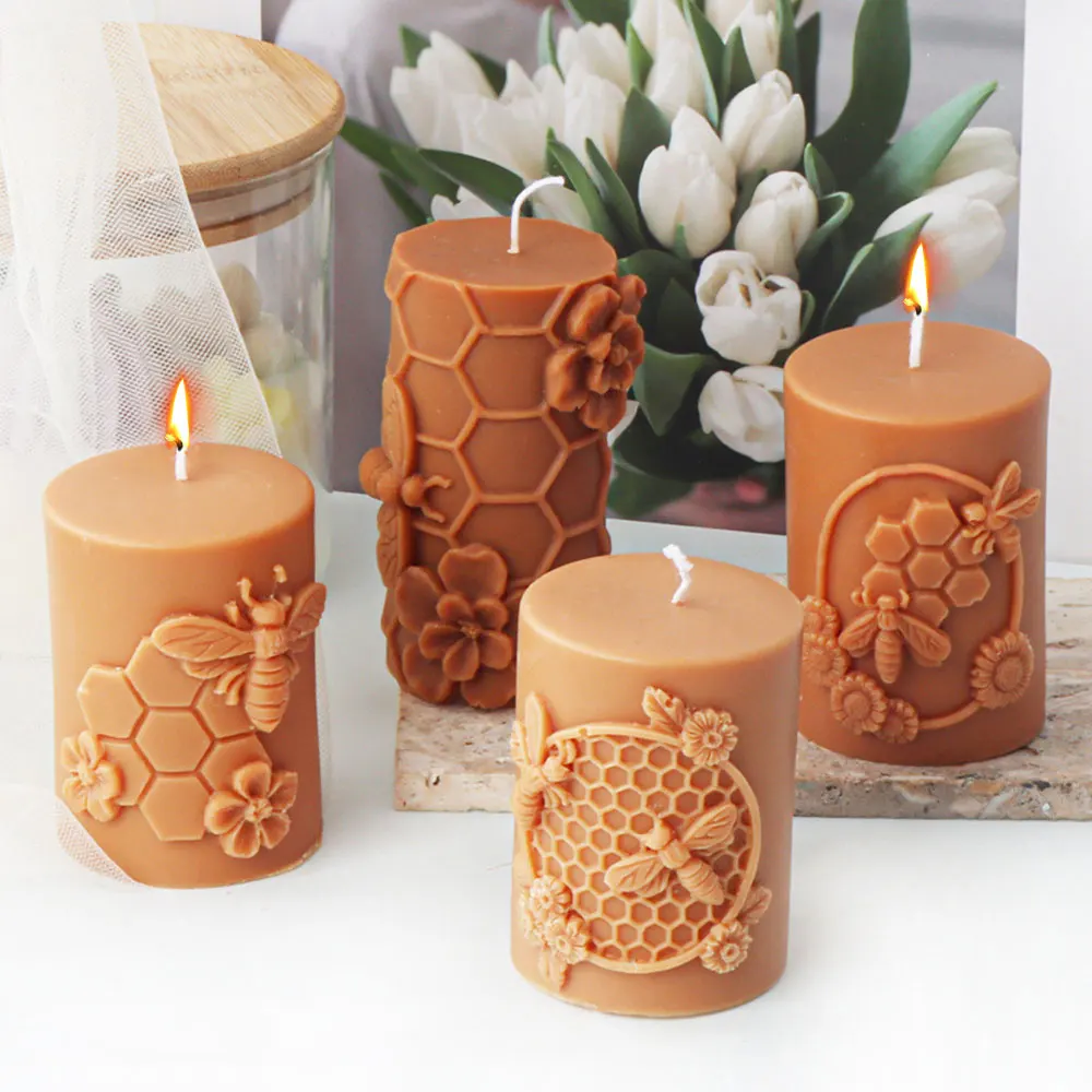 Honeycomb Cylinder Candle Making Geometry Relief Insect Bee Soap Plaster Silicone Moulds Flower Beehive Column Chocolate Icicle
