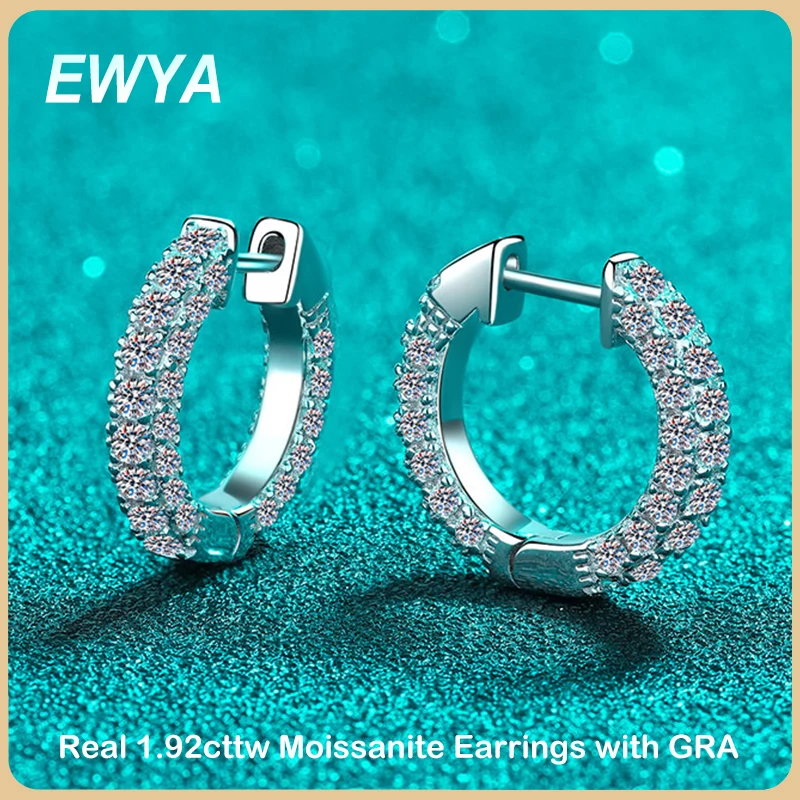 

EWYA Sparkling Real D Color 1.92cttw Full Moissanite Hoop Earrings For Women S925 Sterling Silver Diamond Ear Buckle Earring