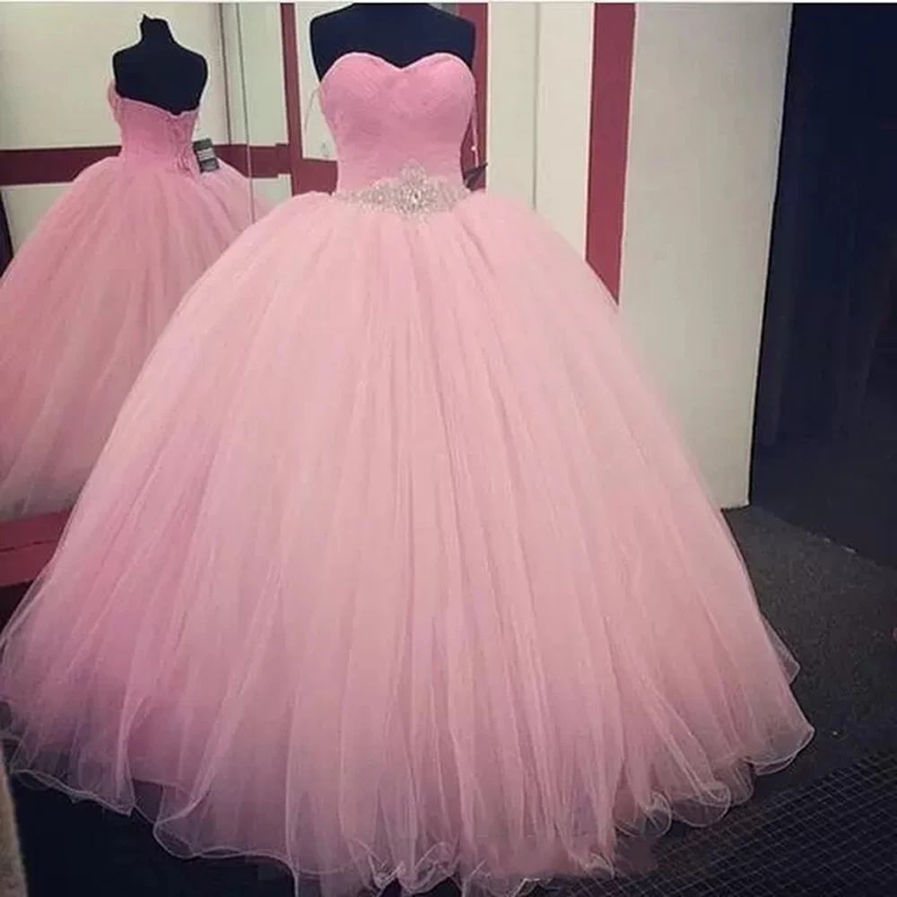 Roze Baljurk Jurken Kralen Sweetheart Lace-Up Back Prinses Zoete 16 Grils Party Vestidos De 15 Años custom Made