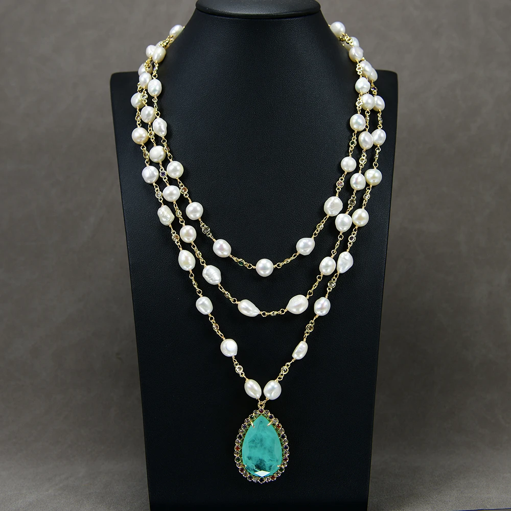 

GG Jewelry 3 Strands Freshwater White Keshi Pearl Mix Color CZ Rosary Chain Necklace Green Quartz Teardrop Cz Pendant