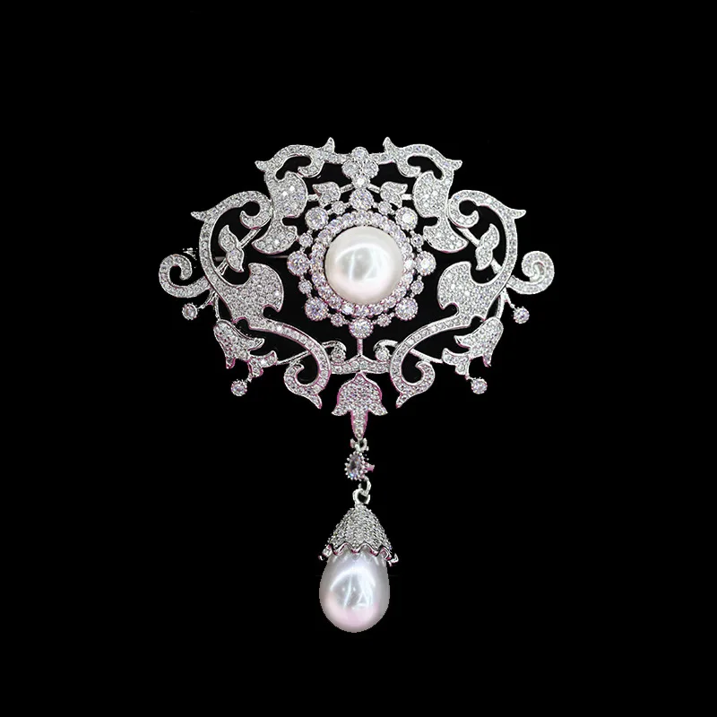54*65mm White Pearl Cz Pave Flower Brooch