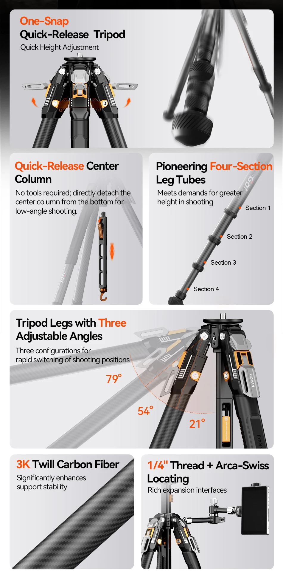 - T1/T1S/T1S V5 Snap-Open Carbon Fiber Video and Photo Tripod 4 Section Legs Adj