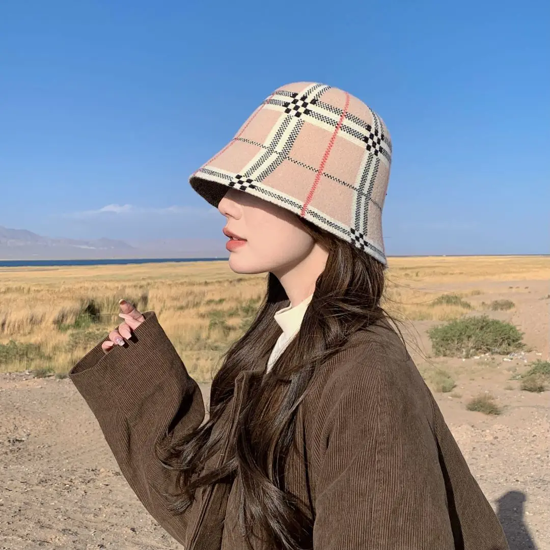 Winter Bucket Hat Women Outdoor Warm Velvet Plaid Cashmere Wool Basin Fisherman Hat Panama Caps women bucket hat,women hat,bucket hat