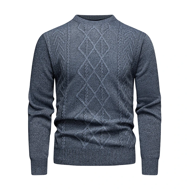 Detailed view of the computer knitted argyle pattern and O-neck collar.
