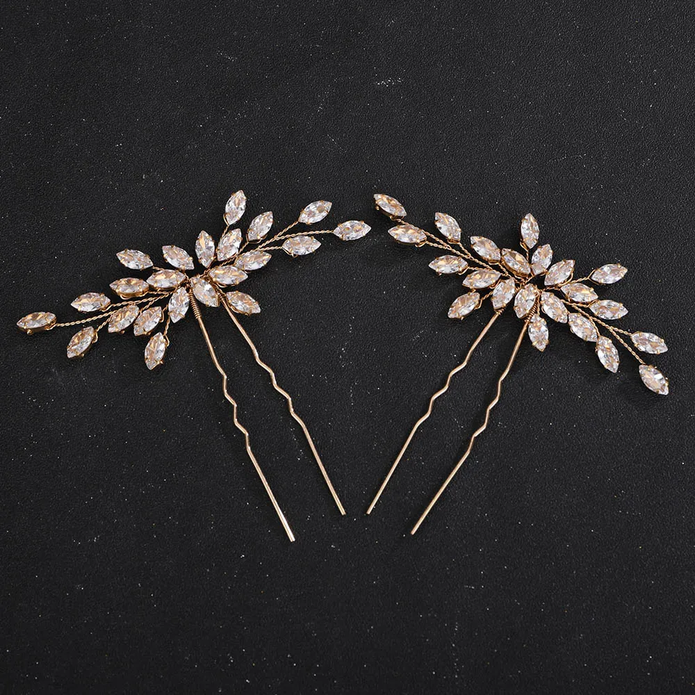 2PCS Wedding Zircon Hair Pins Silver Bridal Bride Hair Accessories for Women Handmade Bridesmaid Piece Tiaras Gold Tiaras