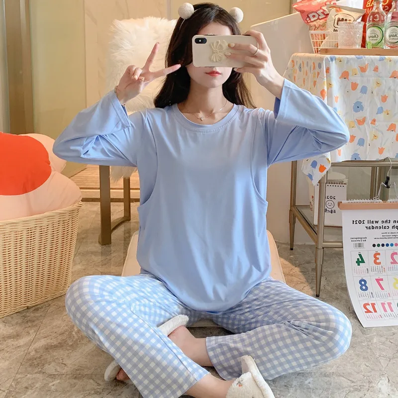 Maternity Wear Thin Pajamas Home Wear Monthly Wear Suit Breastfeeding Suit Long-Sleeved Home Wear Suit Maternity Casual Wear 2