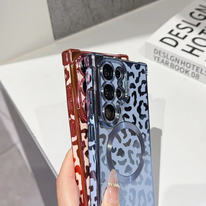 Leopard Print Magnetic Phone Case with Wrist Strap