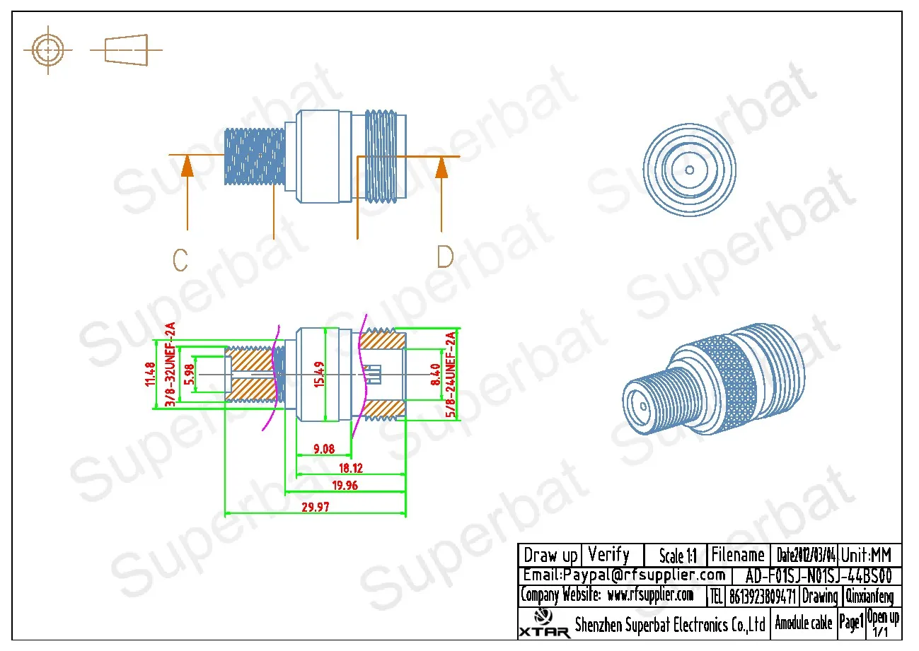 N Female to F Jack Straight RF Coaxial Connector Adapter