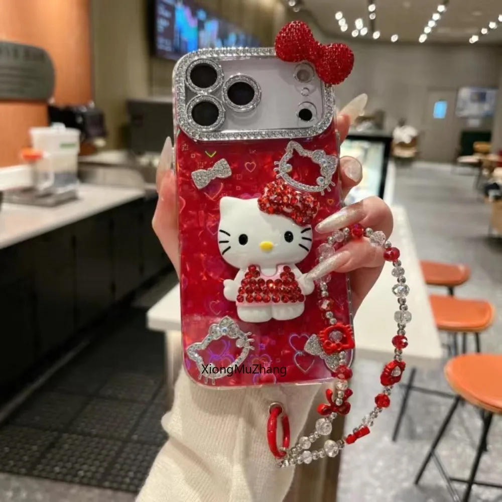 Luxuriöse 3D-Diamant-Sanrio-Hello-Kitty-Handyhülle für iPhone 17 18 Pro 11 12 13 14 15 Plus 16 Pro Max Funda mit Kette, Niedliche Hülle