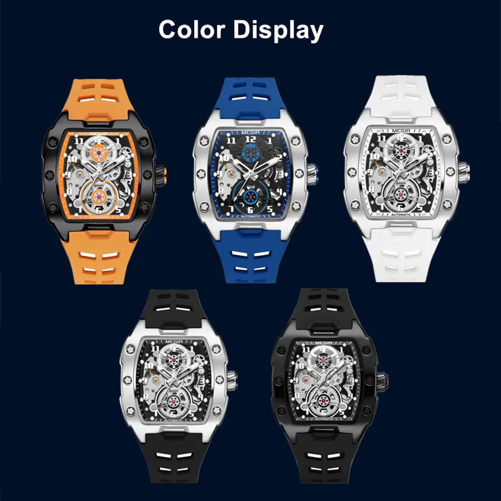 MEGIR Automatic Mechanical Watches for Men 43MM Tonneau Skeleton Dial Man Wristwatch Waterproof Luminous Male Clock Reloj Hombre - 4