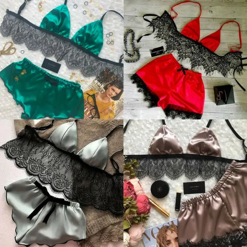 Women Pajamas Set Underwear Sexy Silk Satin Lingerie Crop Tops Bralette&Panty Sets Soft Wear for Girls Tops Briefs Lace Suit