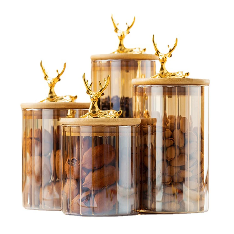 Creative Metal Deer Head Glass Storage Jar Sealed Candy Tea Sugar Jar  Kitchen Seasoning Food Storage Container Home Decoration