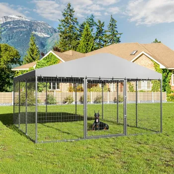 Large Outdoor Kennel with Fully Covered Roof Metal Galvanized Outdoor Dog Fence with Double Security Locks Waterproof Cover 2