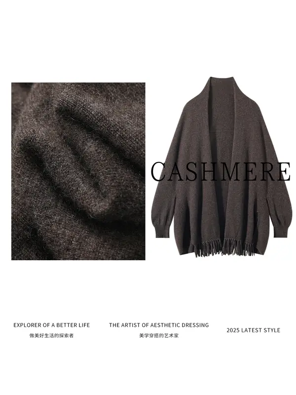 Light Luxury Autumn Winter Woman Shawl New Fashion 100% Cashmere Knitwear Tassel Loose Sweater Lady Long Sleeve Clothing Tops - Image 6