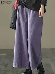 ZANZEA Women Wide Leg Trousers Oversized Corduroy Long Pants Autumn Elastic High Waist Warm Pantalon Casual Loose Baggy Pants