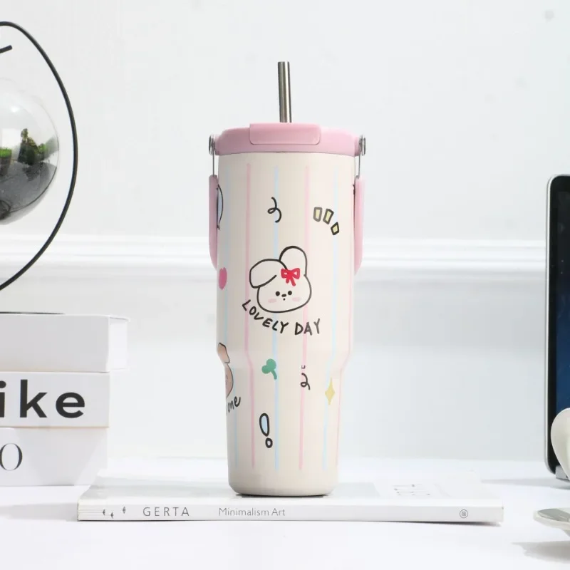 900ML Cute Insulated Tumbler Coffee Cup For Girls 316 Stainless Steel Thermo Bottle Travel Mug Vacuum Flask With Handle Straw