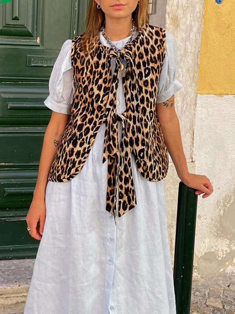 2024 New Women's Leopard Print Waistcoat Bowknot Front Sleeveless V-Neck Vest Casual Jacket Cardigan 4